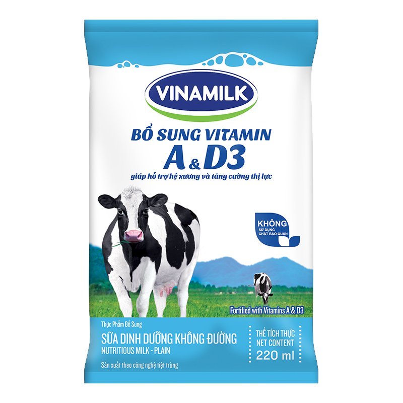Sữa dinh dưỡng bịch không đường Vinamilk - bịch 220 ml