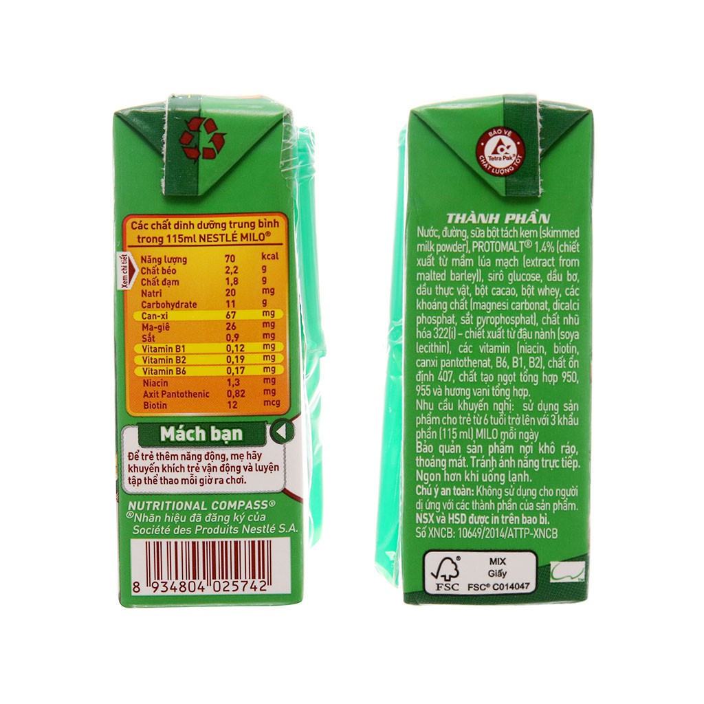 Sữa milo thức uống lúa mạch Nestle - hộp 110 ml