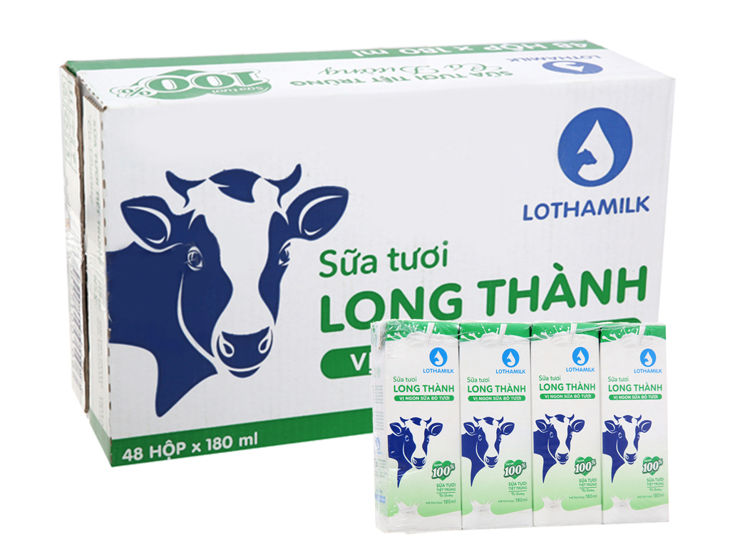 Sữa tươi tiệt trùng có đường Long Thành - lốc 4 hộp (180 ml)